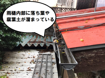 雨樋内部に落ち葉などによるつまりが見られる状態