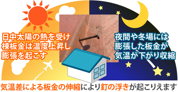 気温差による板金の伸縮により釘の浮きが起こりえます