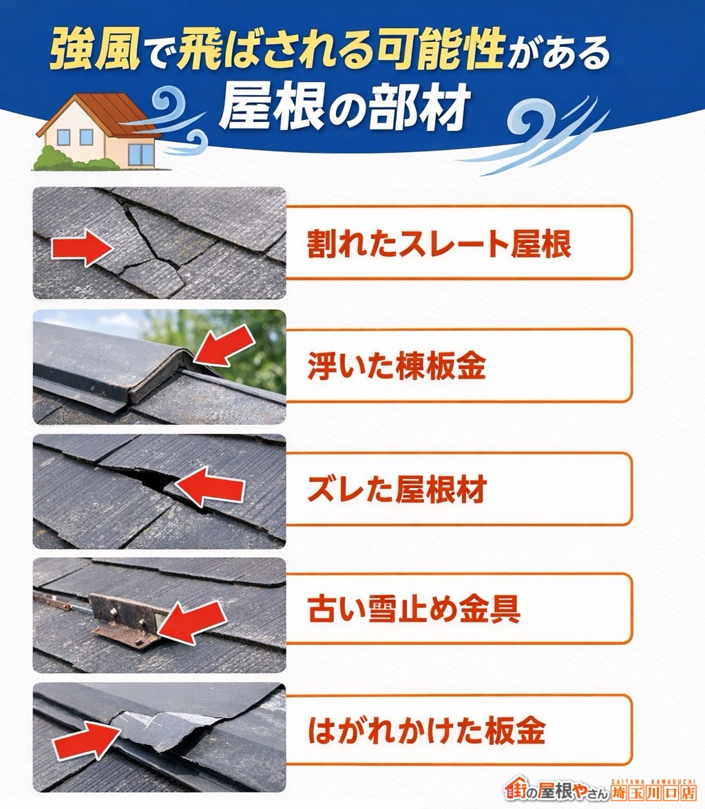 強風で飛ばされる可能性のある屋根の部材